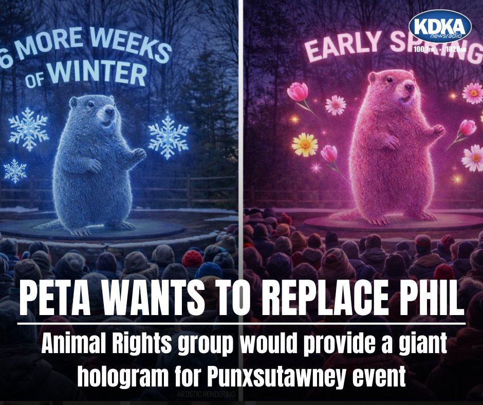 KDKARadio's tweet image. PETA's latest attempt to replace Punxsutawney Phil involves a giant hologram being used on Groundhog Day. audacy.com/kdkaradio/news…