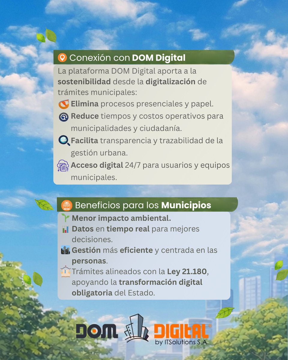 DOM_Digital_CL's tweet photo. 🌱 La digitalización también es sostenibilidad.En DOM Digital impulsamos la #TransformaciónDigital de los municipios, alineados con la Ley 21.180, digitalizando trámites: menos papel, menos traslados y más eficiencia.#Sostenibilidad #Ley21180 #InnovaciónPública #DOMDigital https://t.co/Z2ENk4W0JE