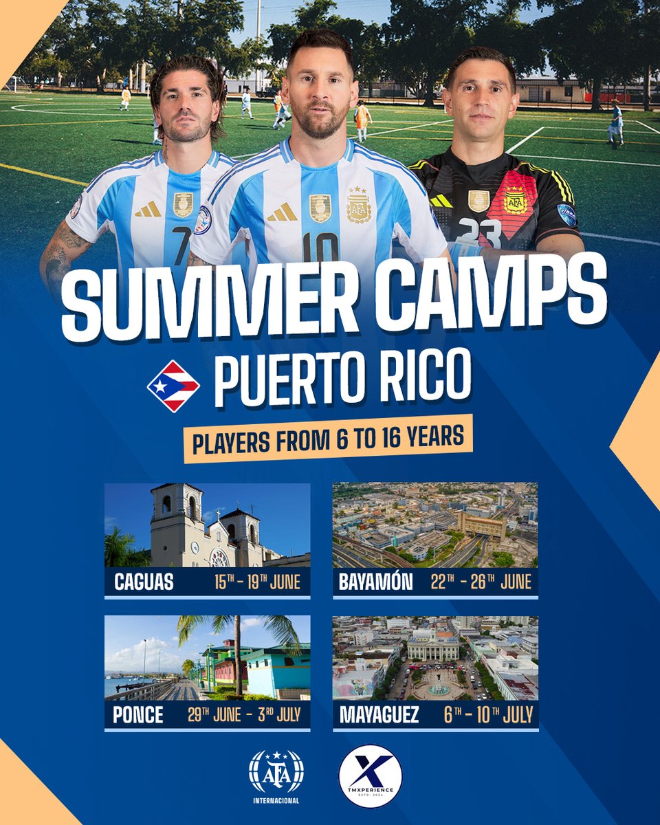 Summer Camps arrives in Puerto Rico! 🇦🇷🏆

Take part in the summer camps taking place in the cities of Caguas, Bayamón, Ponce, and Mayagüez 🇵🇷
Be part of a unique experience, training with AFA Internacional certified coaches, learning firsthand about the Argentine National Team