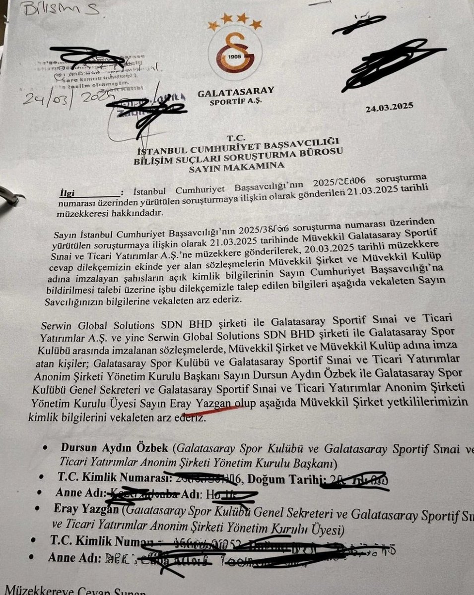 İlgili sponsorluk sözleşmesine müvekkil şirket (Galatasaray Sportif A.Ş) ve müvekkil kulüp (Galatasaray Spor Kulübü) adına imza atan diğer isim Sn Dursun Özbek olmasına rağmen (G.Saray Kulübünün savcılık yazısına göre 24.3.2025👇) neden kulüp başkanı hakkında hukuki bir işlem