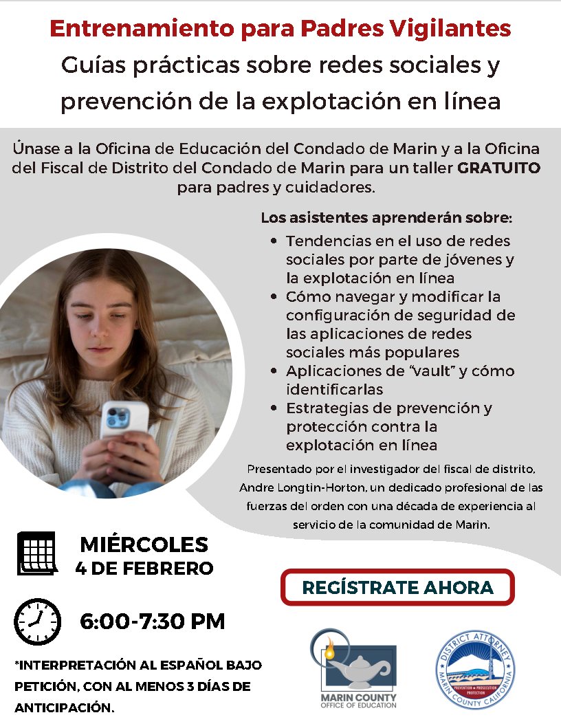 Parents &amp; Caregivers: Join the Marin County District Attorney’s Office for a free workshop on keeping kids safe online.  
🔹 Trends in youth social media use &amp; online exploitation 
🔹 How to navigate and adjust security settings on popular apps 
🔹 Vault apps—what they are and
