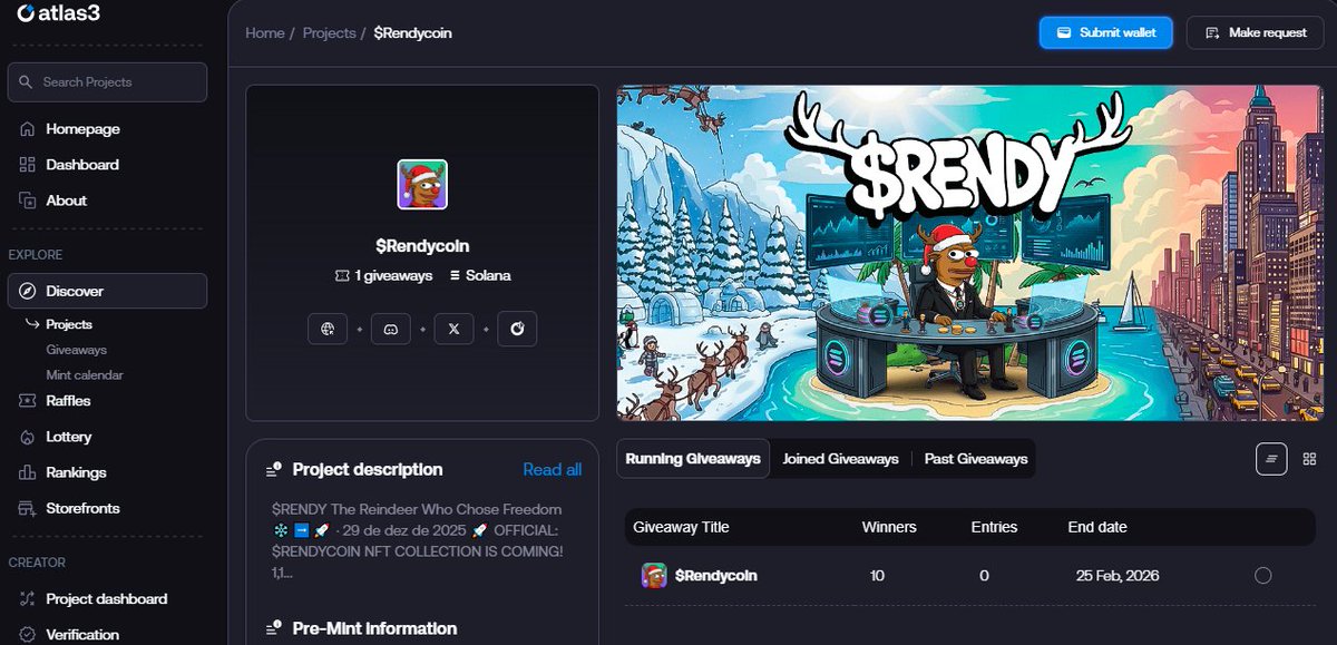 $Rendycoin open  Atlas 3  - 10 spot FCFS 

atlas3.io/project/dollar…   

#RENDY #RendyCoin #NFT #Solana #Web3Gaming
