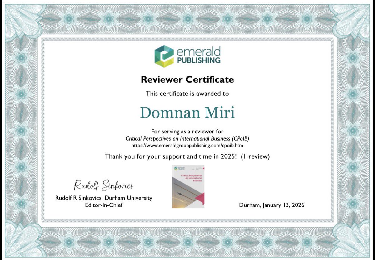 DFMiri's tweet photo. Grateful to Critical Perspectives on International Business (#CPoIB) for the opportunity to serve as a reviewer in 2025, and for this kind recognition, a thoughtful touch that brought a smile to my face. 
Always a pleasure to support societally engaged scholarship. https://t.co/mktqMIX0cL