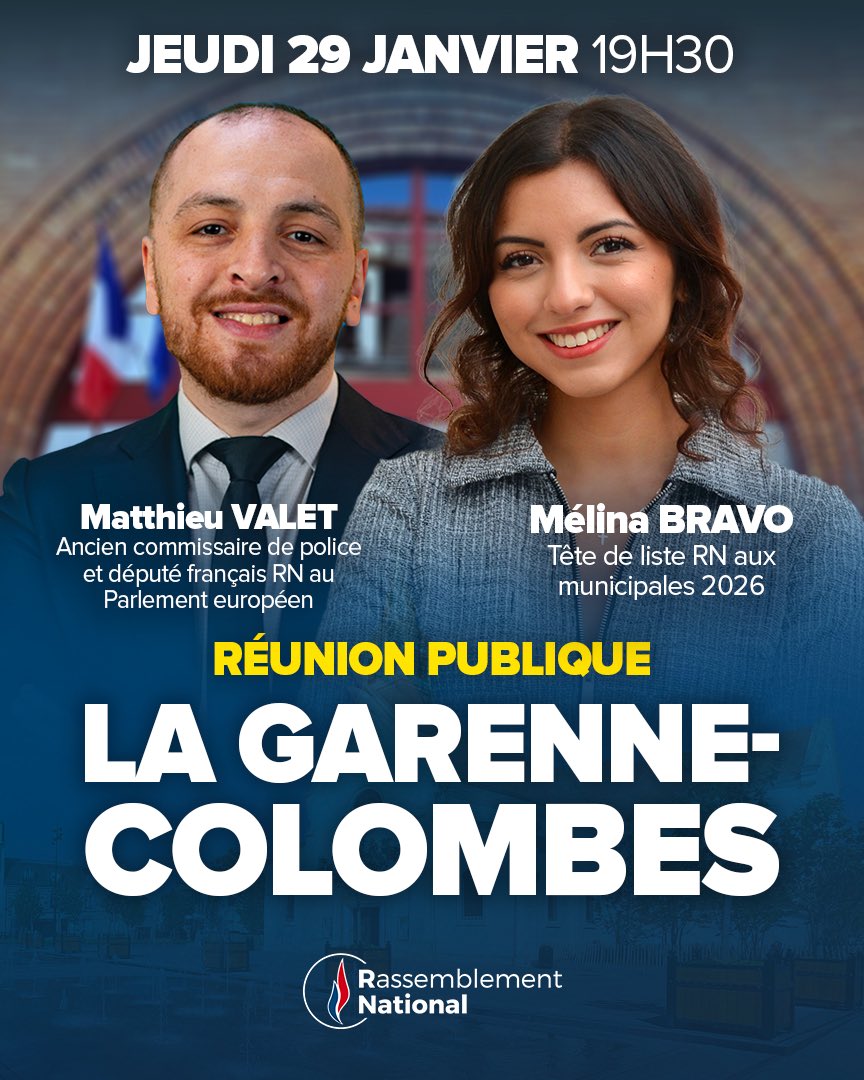 📢 Première réunion publique RN à La Garenne-Colombes

🗓 Jeudi 29 janvier – 19h30

Avec <a href="/mvalet_officiel/">Matthieu Valet</a> , ancien commissaire de police et député français RN au Parlement européen.

Infos et inscriptions : rn.lagarenne@gmail.com