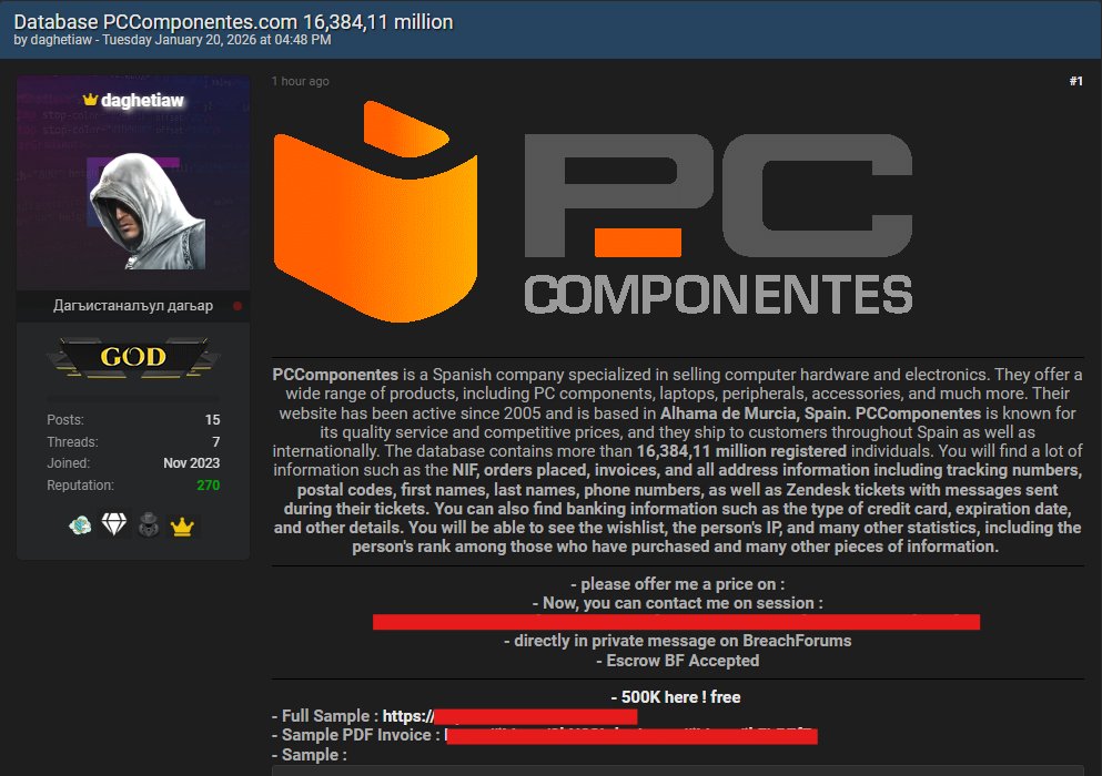 H4ckmanac's tweet image. 🚨Cyber Alert ‼️

🇪🇸Spain - PcComponentes

A threat actor using the alias daghetiaw claims to have breached PCComponentes.

The dataset reportedly contains data on over 16.3 million individuals, including NIF numbers, orders, invoices, addresses, contact details, Zendesk tickets,…