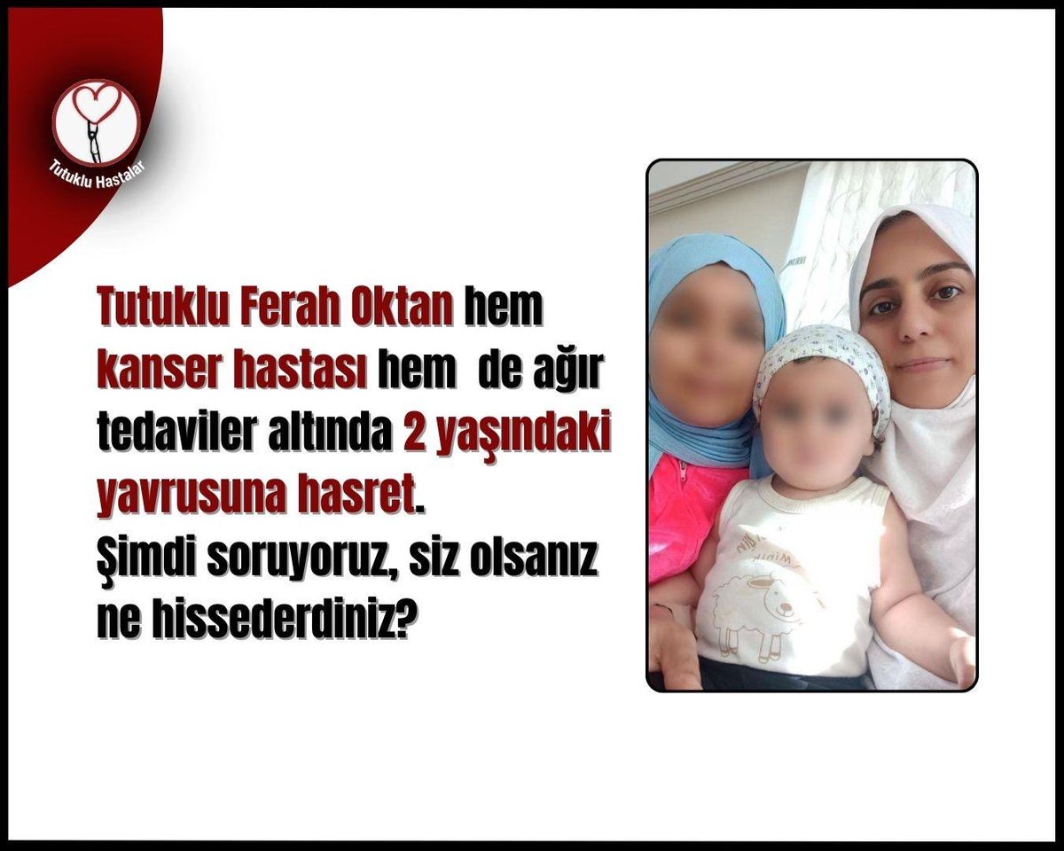 17 ay oldu . Cezaevi şartları, evlatlarından ayrı kalmak, yapılan haksızlıklar bir anneyi daha kanser etti.
Ferah Oktan cezaevi aracı ile kemoterapiye götürüyor.
Saçları döküldü ve yemek dahi yiyemiyor.

FerahOktan KanserHastası

#TürkBayrağı #Nusaybin
Eski Türkiye
