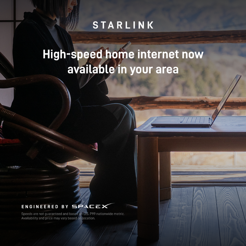 Starlink's tweet photo. Stream. Scroll. Surf.

Get speeds up to 400+ Mbps to connect with friends and family without delays.