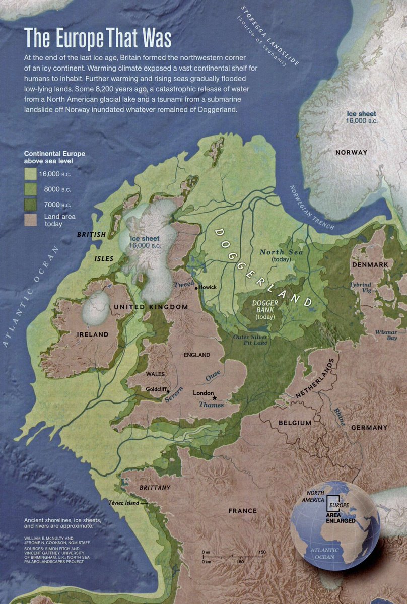 vintagemapstore's tweet image. A map showing Doggerland, a region of northwest Europe home to Mesolithic people before sea level rose to inundate this area and create the Europe we are familiar with today.

Map via National Geographic magazine.