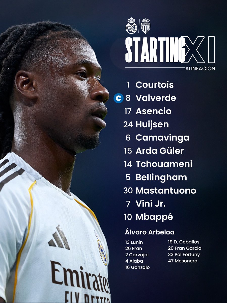 realmadrid's tweet image. 📋✅ ¡Nuestro XI inicial!
🆚 @AS_Monaco_ES