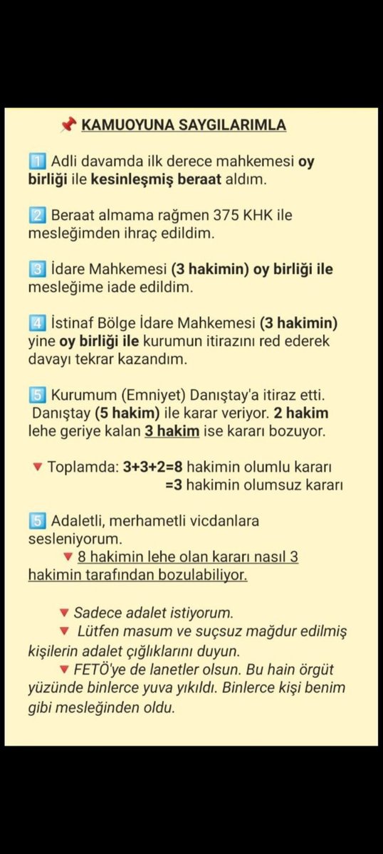 <a href="/abdulhamitgul/">Abdulhamit Gül</a> Hz. Ömer Adaleti !!!Hakkında soruşturma olmayan,takipsizlik kararı verilen  kararı verilip kararı kesinleşen kişiler hukuk nezdinde masumdur.Bu durumdaki kişilerin işe iadesi veya işe alınması için hukuken bir engel yoktur. İdare iade etti Danışay bozdu tekrar 2.kez  ihraç çözüm