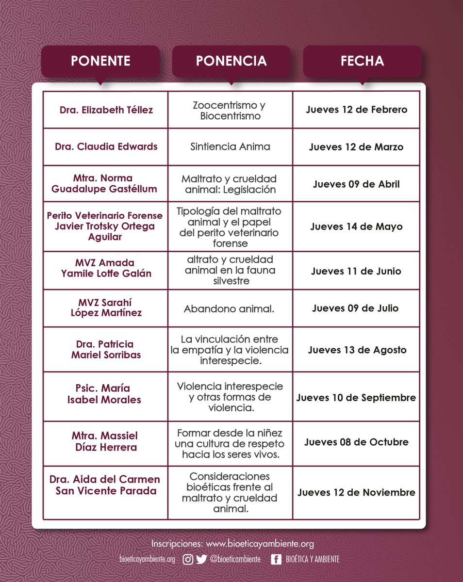 Participa y hazlo posible.
Seminarios Permanentes de #Bioética y Ambiente 2026.

#Ética #Animal
Maltrato y #Crueldad Animal
Cordinado por: M. V. Z. Sarahí López Martínez
Inicia: Jueves 12 de febrero de 2026

bioeticayambiente.org/seminariosperm…