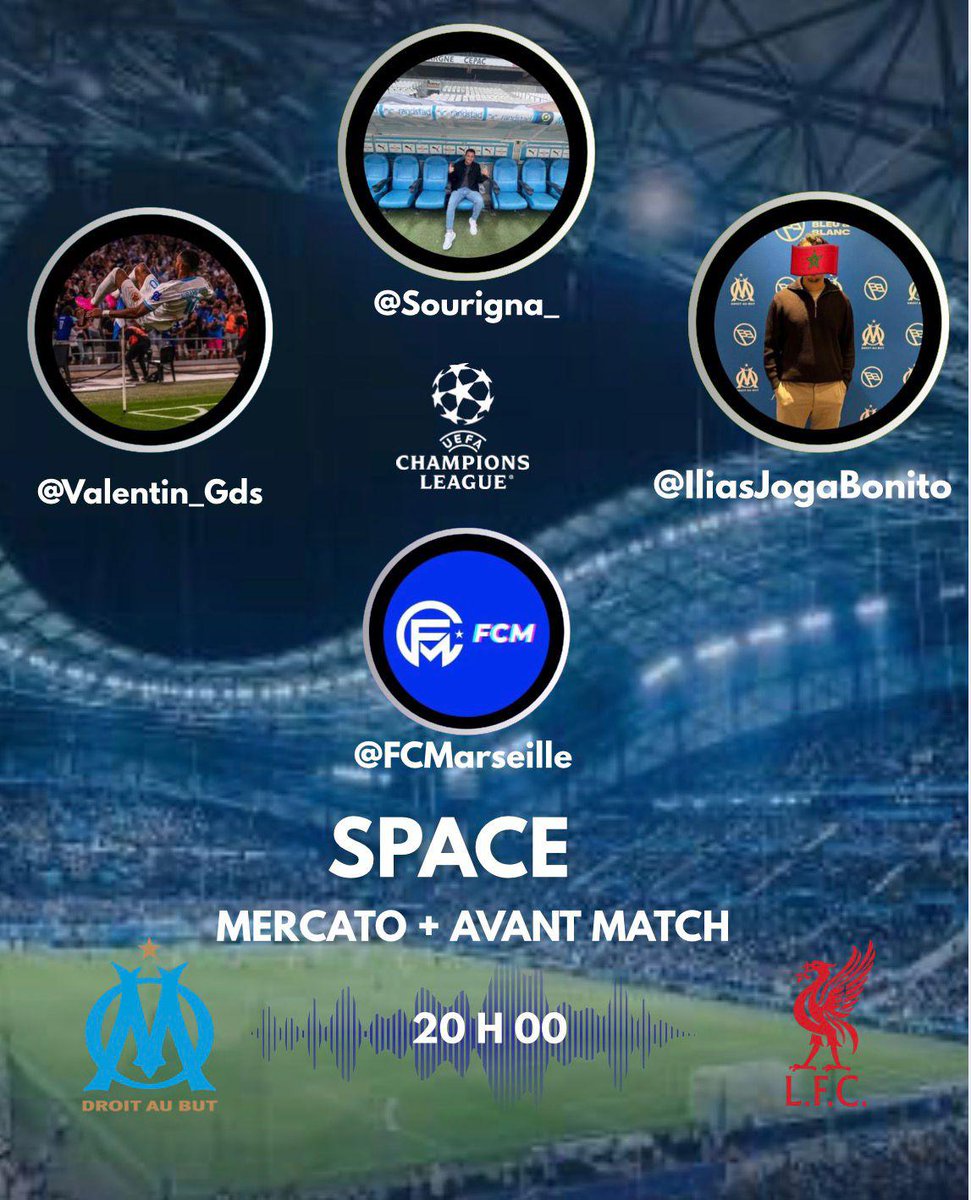 FCMarseille's tweet photo. Bonjour à tous!
On se retrouve à 20h pour une émission spéciale #MercatOM et avant match #OMLFC, émission animée par @Sourigna_, @IliasJogaBonito et @Valentin_Gds !
Des invités surprise nous rejoindront très certainement, venez nombreux!!
#TeamOM #OM #MercatOM #OMLFC #SpaceOM