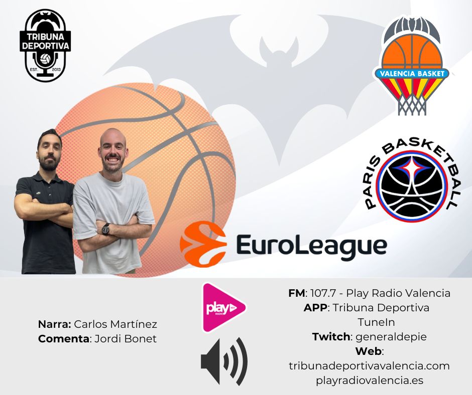 El camino de las victorias se recupera en el Roig Arena y en la ‘LA CANCHA DE <a href="/TribunaVCF/">Tribuna Deportiva</a>’📻🎙️

🏀 <a href="/valenciabasket/">Valencia Basket Club</a>-<a href="/ParisBasketball/">Paris Basketball</a>
🏟 Roig Arena
🕰️ 20:15 previa/20:30h
📻 107.7 FM
💻 tribunadeportivavalencia.com
📲 m.twitch.tv/generaldepie
📲 App Tribuna
