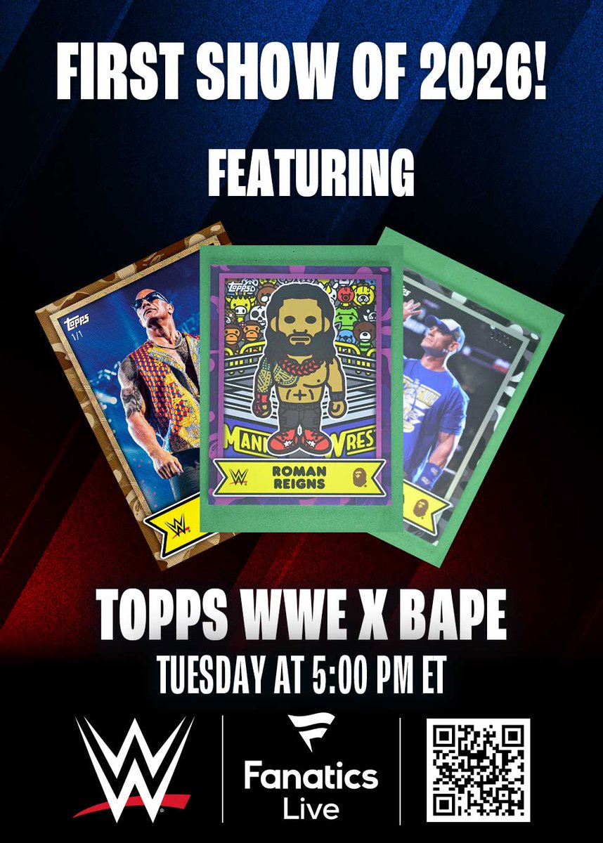 WWE's tweet image. Don't miss out on the first @fanaticslive show of 2026, featuring:

-Topps WWE x Bape packs

-Topps Chrome full boxes

Get in on the action with @notsam TODAY at 5 PM ET!

bit.ly/4pB61C0
