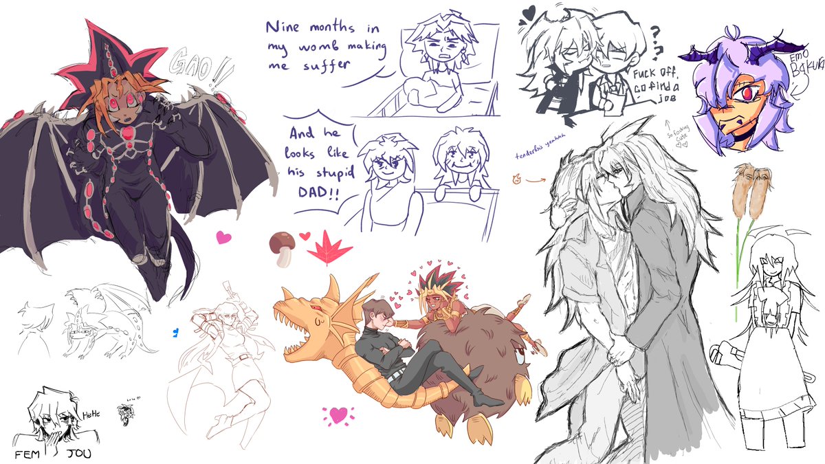 First magma server! (part 2/2) 
More doodles 🥺❤️ zoom in to spot Kaiba in various forms, also rareships such as hubris and antago, but also a gandora yugi, cute prideship, little painted sceneries,  lovely tendership, funny thief and so much more!

Artist credits in description!