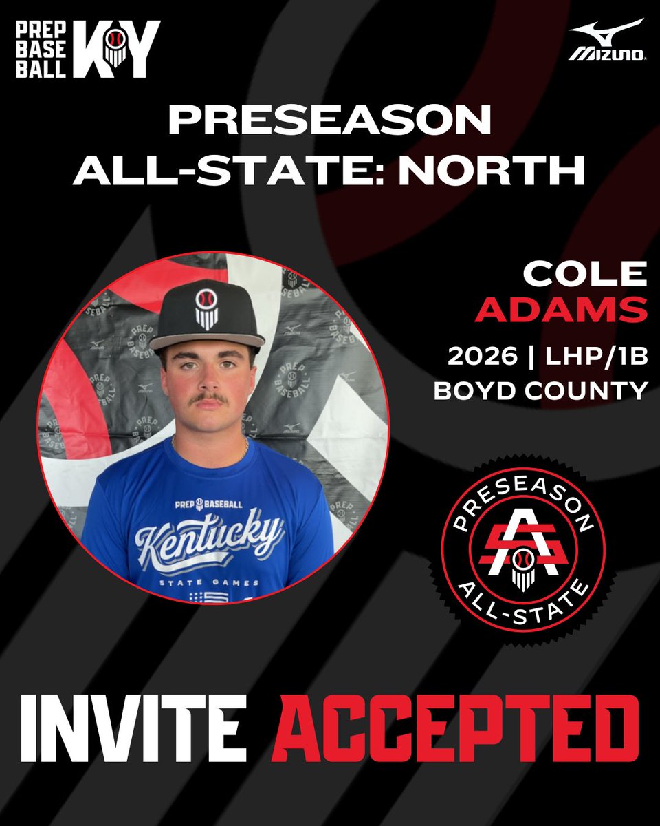 PrepbaseballKY's tweet image. 🎟️ PSAS NORTH: INVITE ACCEPTED 🎟️

2026 LHP/1B Cole Adams (@BoydCoBaseball) has accepted his invite to this year’s Preseason All State North!

Nationally ranked #384 overall (#36 LHP), state ranked #3 overall (#2 LHP)

@GoBearcatsBASE commit

👤 &amp;gt;&amp;gt; loom.ly/3-hmoD8 ||…