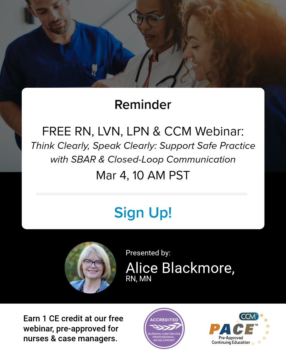 Career_Smart's tweet photo. FREE CE Webinar for Nurses &amp; Case Managers
Learn how SBAR and closed-loop communication improve clarity, teamwork, and patient safety.
📅 March 4 | ⏰ 10 AM PST
✔ ANCC &amp; CCMC approved

👉 Save your spot:
https://t.co/Kf9QnG5j3y

#NursingEducation #CCMC #SBAR #FreeCE #CCM https://t.co/RHIrGWmFsx