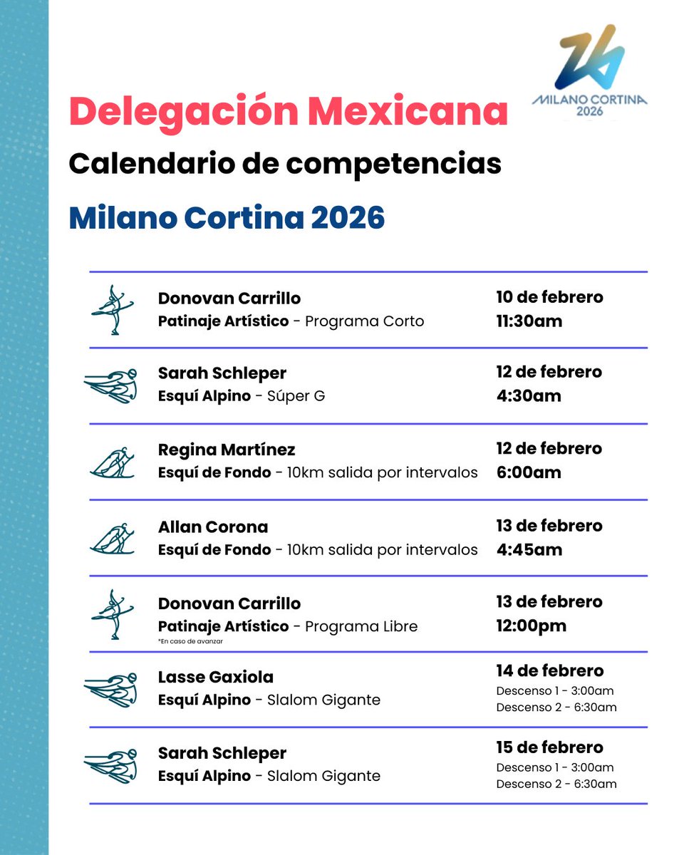 Calendario con todas las competencias de la delegación mexicana en los Juegos Olímpicos de Invierno #MilanoCortina2026 🇲🇽❄️

Agenda las fechas 📅
🕐 Tiempos del Centro de México
🇲🇽 Hora exacta de salida al hielo o nieve será publicada un día u horas antes

Compártanla, guárdenla