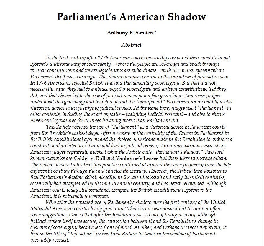 IJSanders's tweet photo. Just posted a draft article I’m submitting to law reviews next month. In “Parliament’s American Shadow” I examine how American courts contrasted their new constitutional system with the British one after 1776. It happened a lot in judicial review for a century. 🧵#1776AndAllThat https://t.co/Bxi628iCsD