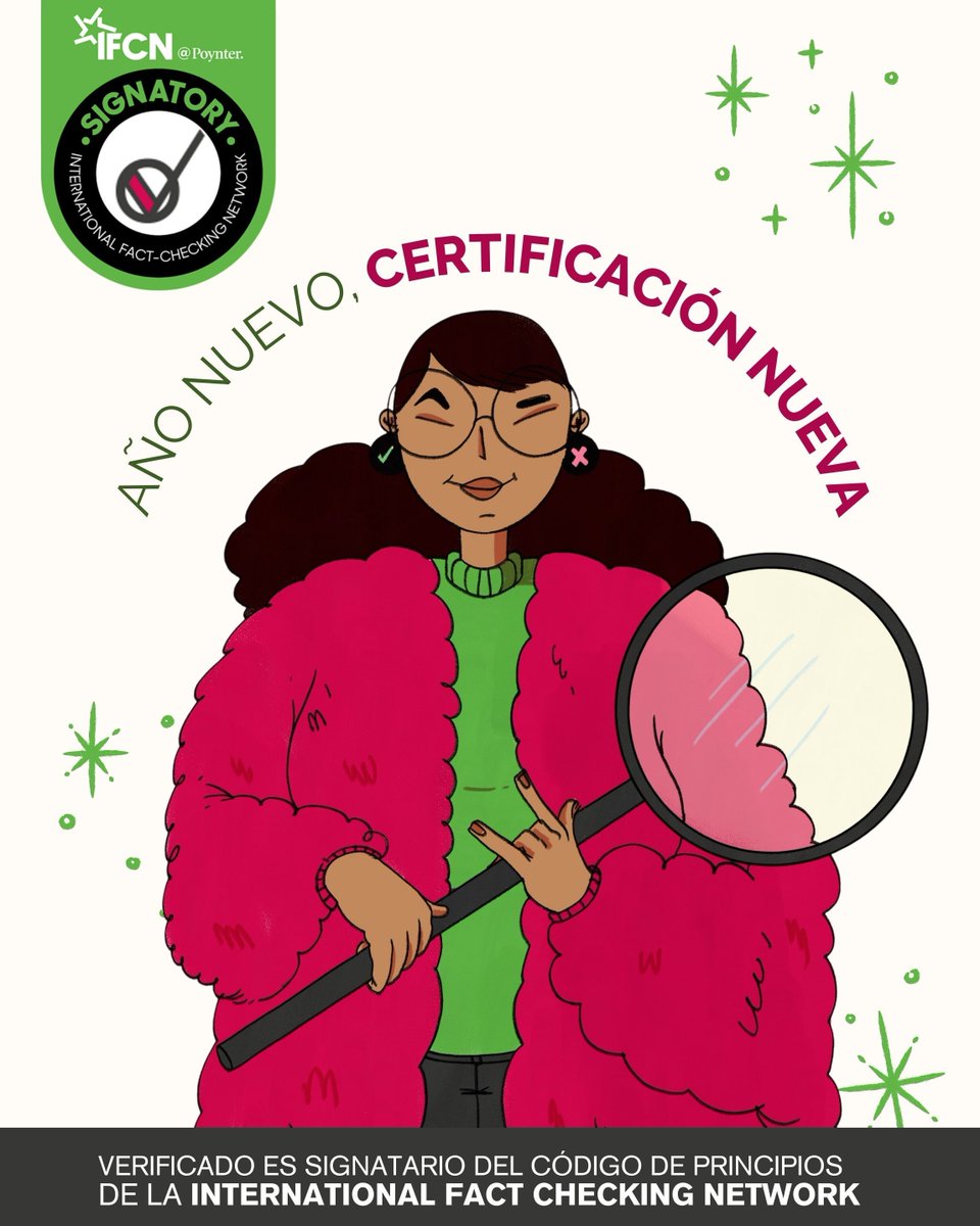 ¡La espera termino! 

🏅 Es un orgullo para nosotras contarles que somos signatarias del código de principios de la International Fact Checking Network <a href="/factchecknet/">International Fact-Checking Network</a>

Somos parte de lo mejor de los verificadores a nivel internacional ✨️

#verificado #teconvienesabermás🔎