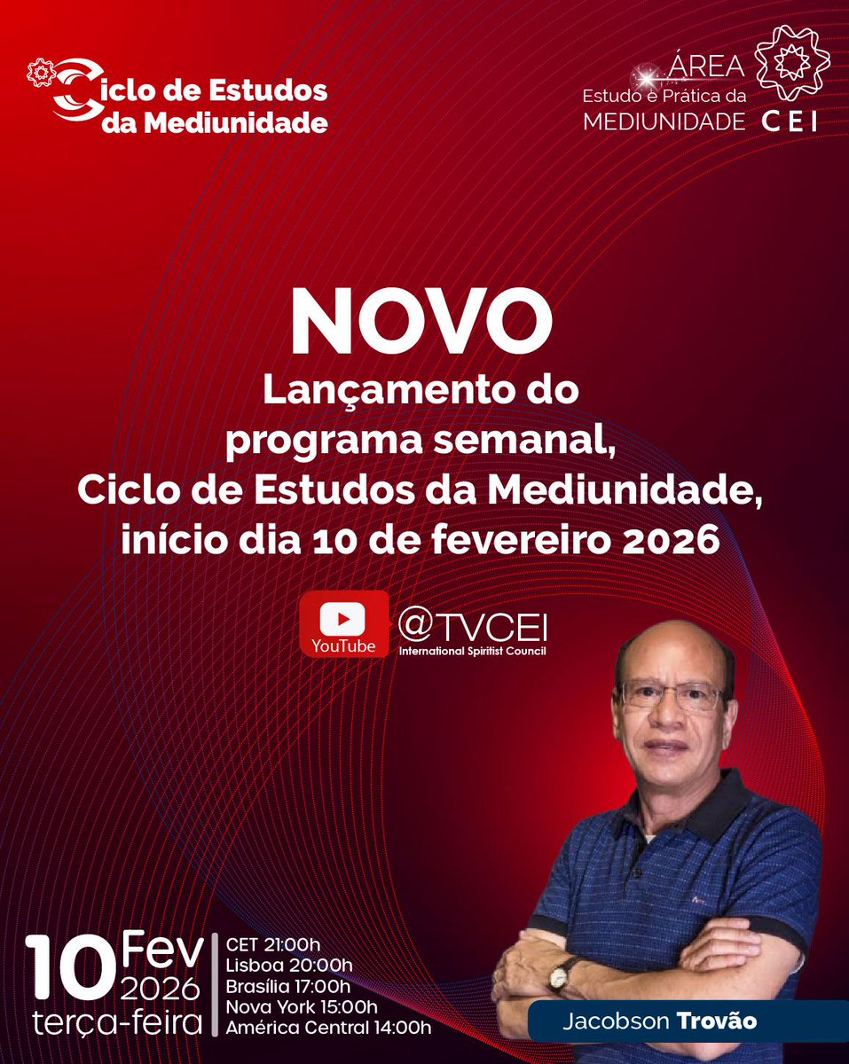 SocialCei's tweet photo. Vem aí o Ciclo de Estudos da Mediunidade
Um novo projeto do CEI para o estudo e a prática consciente da mediunidade.
A partir de 10/02/2026 | Online
Temas: Desenvolvimento mediúnico •Ética • Obsessão e desobsessão •Ascendentes espirituais
#CEI #EstudoEspírita #DoutrinaEspírita https://t.co/Tz0OUGu6UM