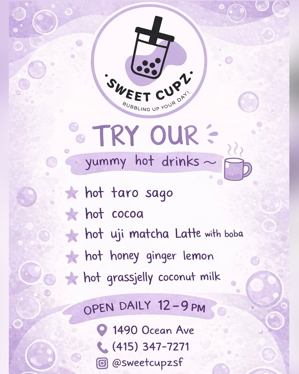 Warm drinks and boba deals are happening on Ocean Avenue 🧋☕️ Sweet Cupz is serving hot drinks daily at 1490 Ocean Ave, while Dots Boba is offering Monday &amp; Tuesday drink deals—Buy 2 Get 1 Free or Buy 1 Get 1 50% Off—at 1330 Ocean Ave. Support small businesses and sip local.