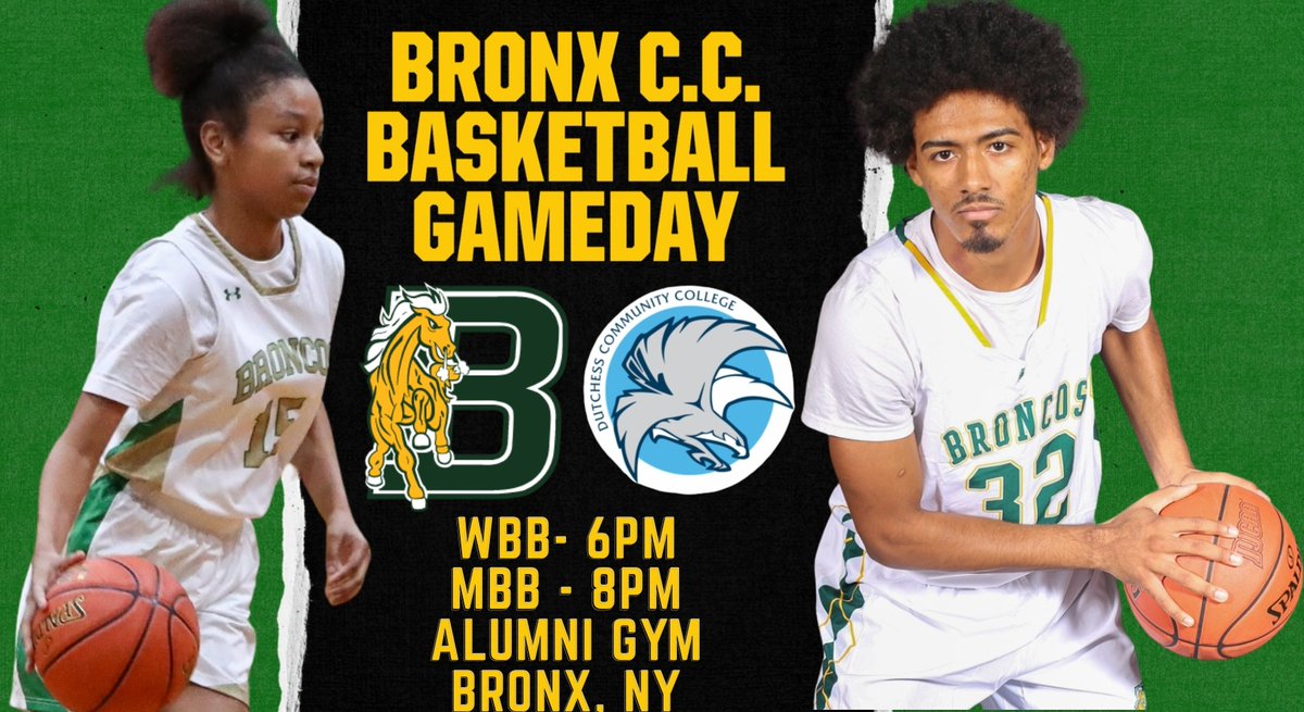 The <a href="/BCCcuny/">Bronx Comm. College</a> basketball teams will return home this evening, as the squads will welcome <a href="/DutchessFalcons/">Dutchess Athletics</a> to the Alumni Gymnasium for an <a href="/NJCAARegionXV/">NJCAA Region 15</a> doubleheader. The women's contest tips off at 6pm, followed by the men's clash at 8pm. #GameDay #Homecourt #BroncosBasketball