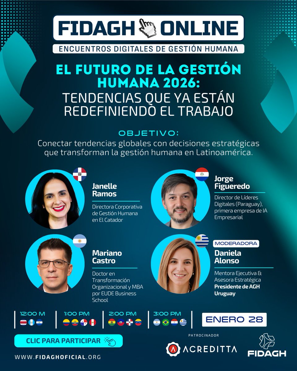 🌎 Iniciamos el 2026 con una conversación clave para la Gestión Humana.

👉 Conéctate y sé parte del diálogo. us06web.zoom.us/meeting/regist…

Somos 🌐 fidaghoficial.org

#FIDAGHOnline #FIDAGH #GestiónHumana #FuturoDelTrabajo #TalentoHumano #AméricaLatina