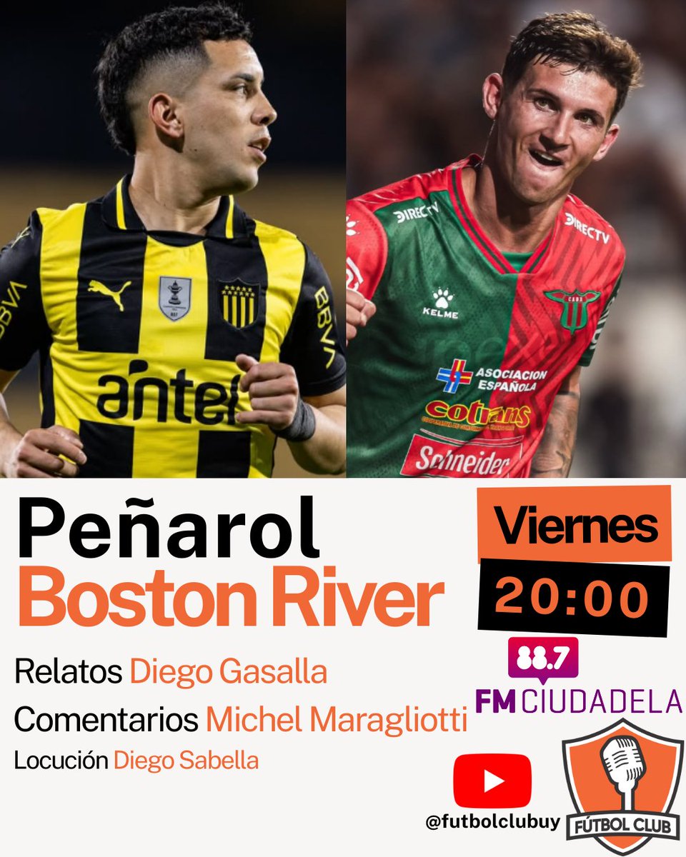 VIERNES!
De Copa de la <a href="/LigaAUF/">Liga AUF Uruguaya</a> en <a href="/futbolclubuy/">Fútbol Club</a> por <a href="/fmciudadela/">fmciudadela</a>

🕓 20:00
⚽ @oficialcap vs <a href="/bostonriver/">BOSTON RIVER</a> 

🗣️Relatos <a href="/jjgasalla14/">Diego Nicolas Gasalla</a> 
🗣️Comentarios <a href="/michumm7/">🎙️ Michel Maragliotti 🇺🇾🇮🇹</a> 

ESCÚCHANOS EN👇
📻 88.7 FM
📱 Futbolclub.uy
📱 youtube.com/watch?v=Hl7fLT…