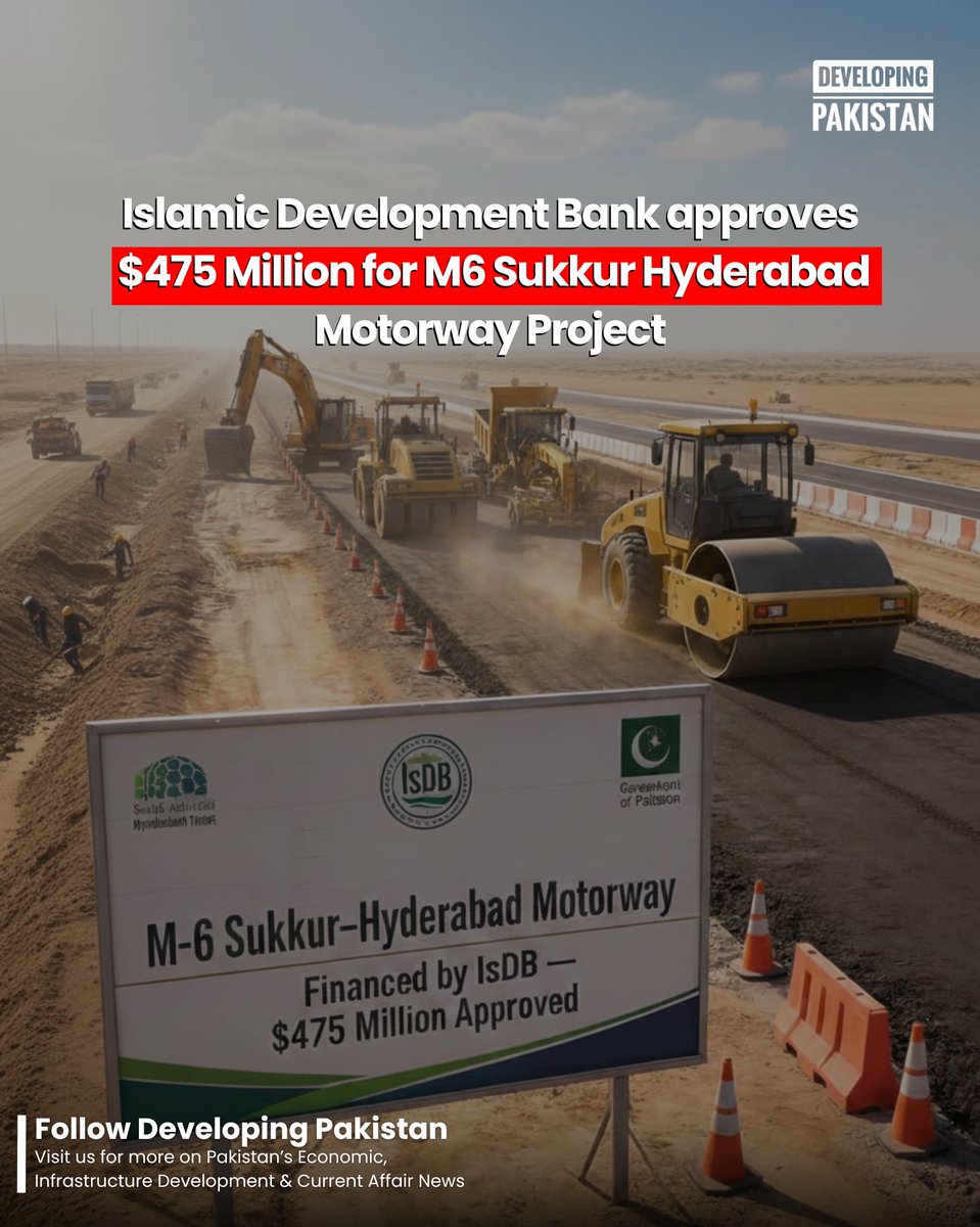 developingpak's tweet photo. #Pakistan has signed three financing agreements worth about $603m with the #IslamicDevelopmentBank (#IsDB) to finance the #M6 #Sukkur #Hyderabad #Motorway Project, poverty reduction and education projects.

The agreements were formalised in #Islamabad following high-level talks between Pakistan’s Minister for Economic Affairs, Ahad Khan Cheema, and an IsDB delegation, led by the Vice President of IsDB, Dr Rami Ahmad.

Under the agreement, the IsDB will provide $475m to finance the M-6 Sukkur-Hyderabad Motorway, a key section of the planned #Peshawar #Karachi motorway corridor, which is intended to improve connectivity across the country