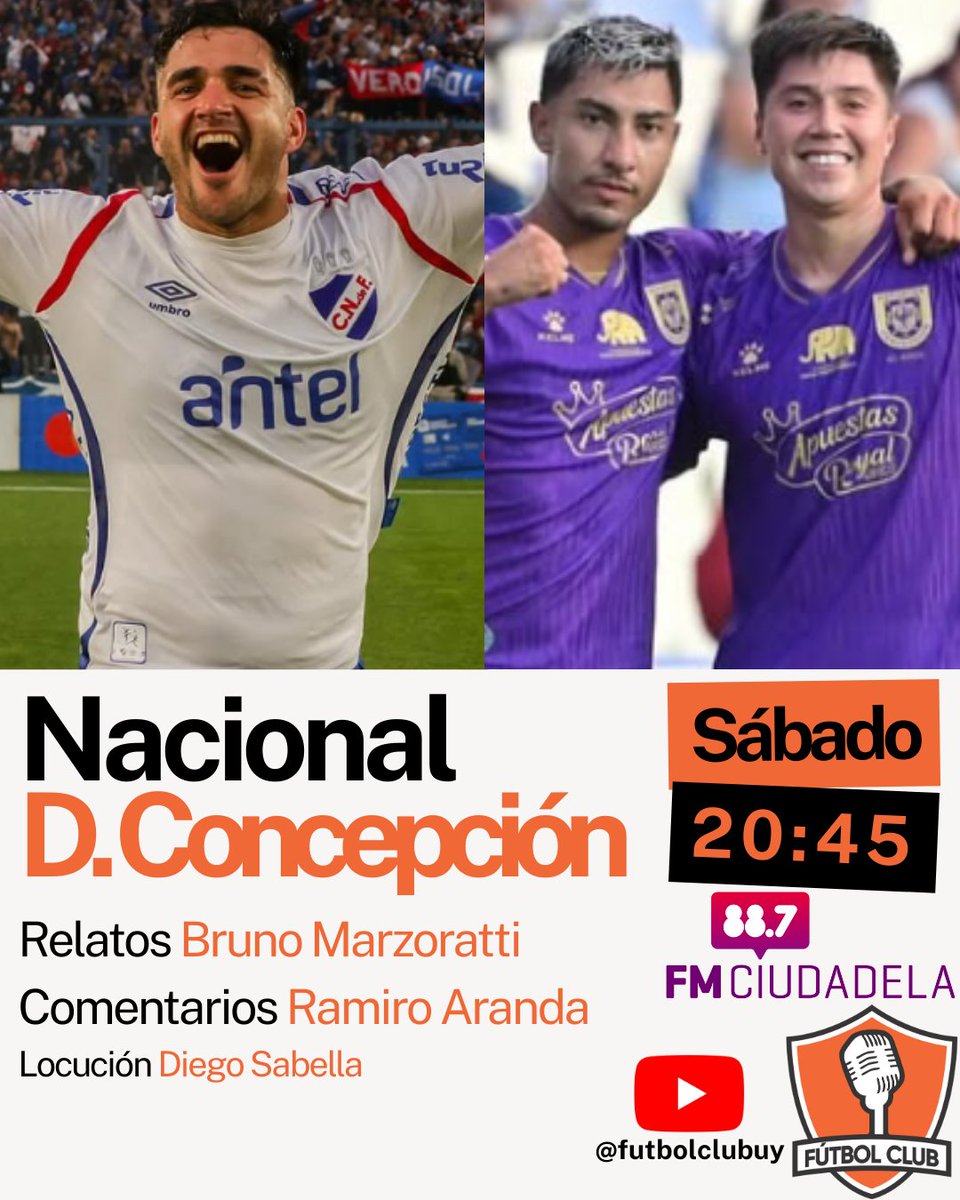 SÁBADO!
De @serierdelp en <a href="/futbolclubuy/">Fútbol Club</a> por <a href="/fmciudadela/">fmciudadela</a>

🕓 20:45
⚽ <a href="/Nacional/">Nacional</a> vs Dep. Concepción

🗣️Relatos <a href="/BrunoMarzoratti/">Bruno Marzoratti</a> 
🗣️Comentarios <a href="/RamaAranda03/">Ramiro Aranda</a> 

ESCÚCHANOS EN👇
📻 88.7 FM
📱 Futbolclub.uy
📱 youtube.com/watch?v=-nM5QW…