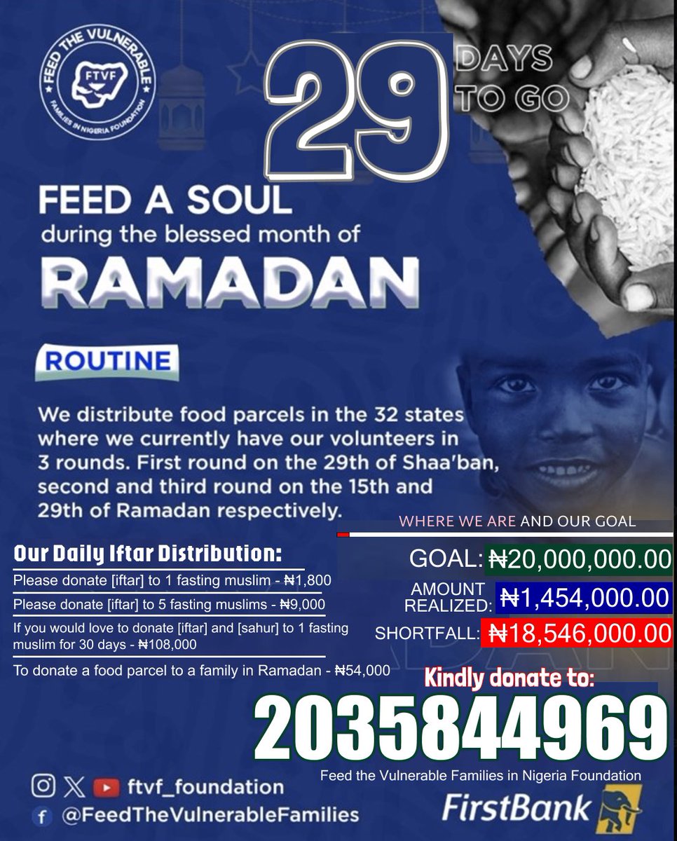 HMonkele's tweet photo. Kindly donate to #FTVFRamadan today. Help us feed indigent muslims who cannot afford a bowl of food. 

Your support is crucial for our mission, and together, we can make them fast with dignity during Ramadan

2035844969
First Bank

Allahumo Baligna Ramadan and Jazamukulah khairan https://t.co/Nj2SO6SlOf