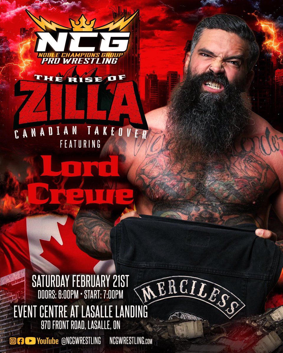 ncgwrestling's tweet photo. 📣 TALENT ANNOUNCEMENT

LORD CREWE is coming to NCG: The Rise of Zilla – Canadian Takeover 🇨🇦🔥

A battle tested heavyweight with an international reputation, Lord Crewe has made waves across North America with his savage striking, no fear mentality, and relentless presence. Known for leaving bodies behind and crowds stunned, this is a man who does not come to wrestle matches he comes to make statements.

February 21st, LaSalle Ontario
NCG just got a whole lot more dangerous.

🎟 Tickets at https://t.co/zwo0ArVvxM
