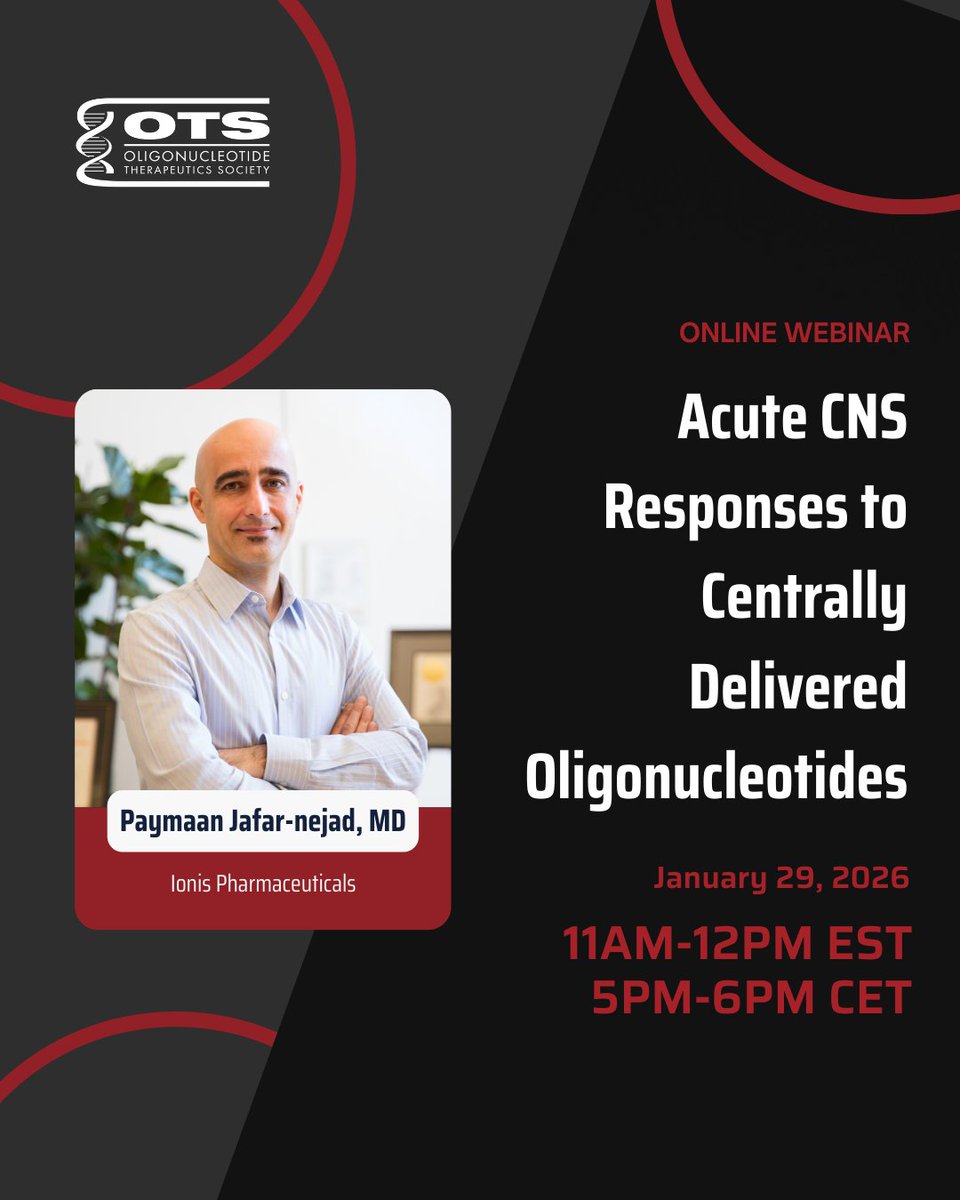 OTSociety's tweet photo. We invite you to join our webinar, "Acute CNS Responses to centrally Delivered Oligonucleotides," on January 29, 2026, from 11am-12pm EST / 5-6pm CET.

Learn more and register at:
https://t.co/E7uIKUnY3j

#ots #oligotherapeutics #oligonucleotide #biotech #biotechnology #science https://t.co/rO2m45eDpi