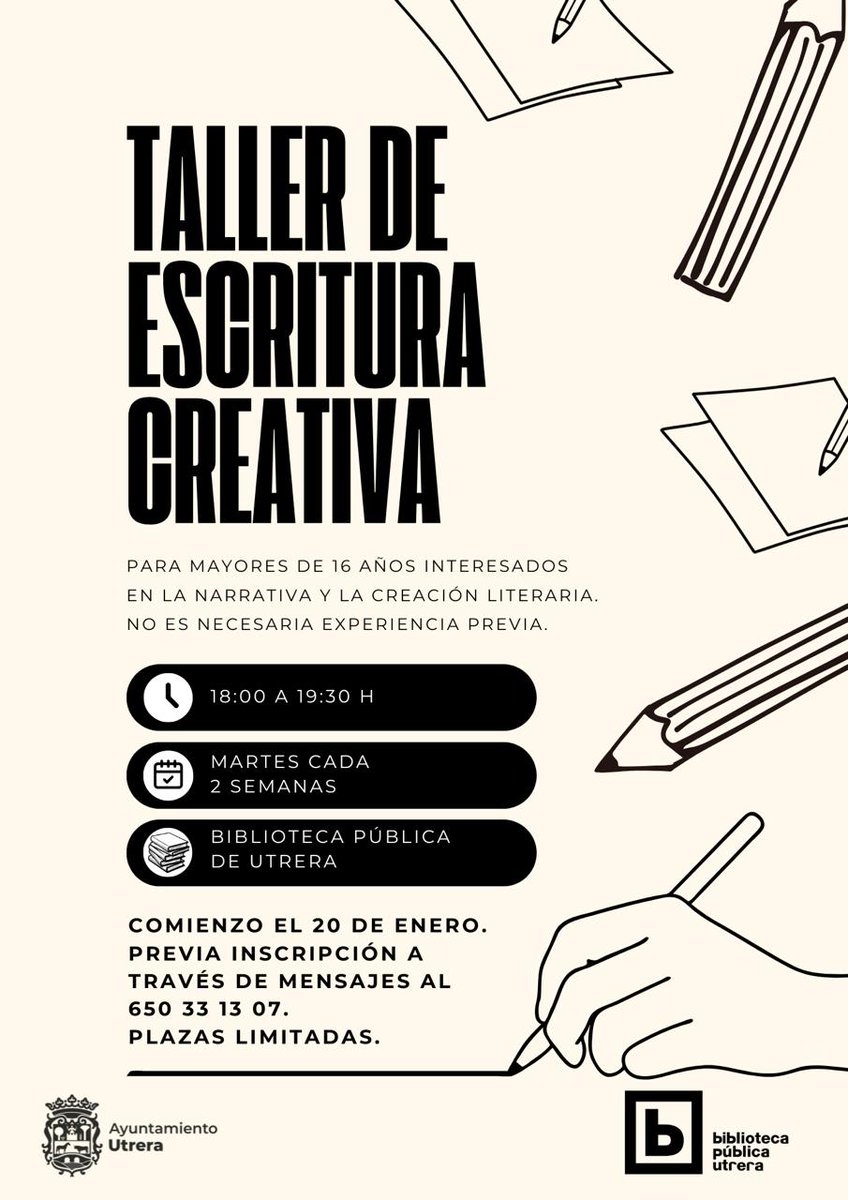 ✍️📚 TALLER DE #ESCRITURACREATIVA EN LA BIBLIOTECA DE UTRERA
✨¿Quieres escribir para desarrollar tu voz narrativa ? 
👨‍🏫Pablo Rodríguez, escritor, te enseñará los elementos básicos de la creación de historias. Cada 15 días. Plazas limitadas. Más info: l1nq.com/tallerescritura