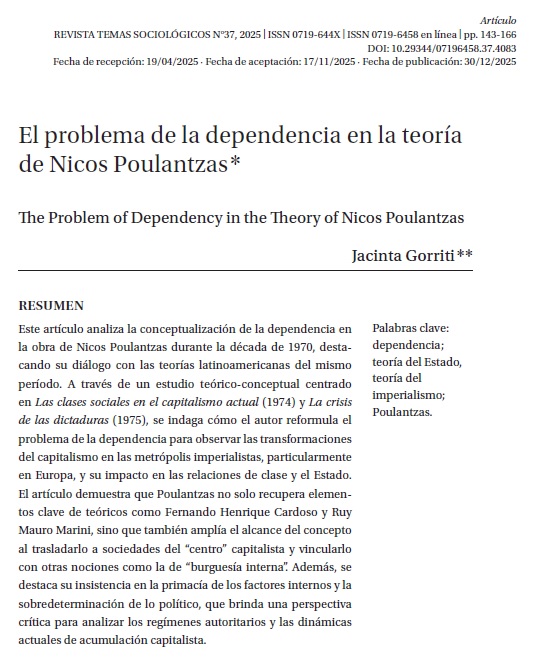 ¡Feliz lunes comunidad! 😀

Les recomendamos un nuevo artículo "El problema de la dependencia en la teoría de Nicos Poulantzas", de Jacinta Gorriti.

¡Disfruten su lectura!

ediciones.ucsh.cl/index.php/TSUC…