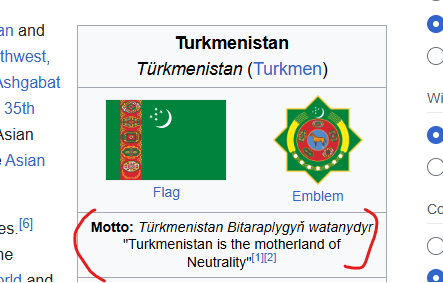 Šveice: Esmu neitrāla.
Turkmenistāna: Paturi manu aliņu.