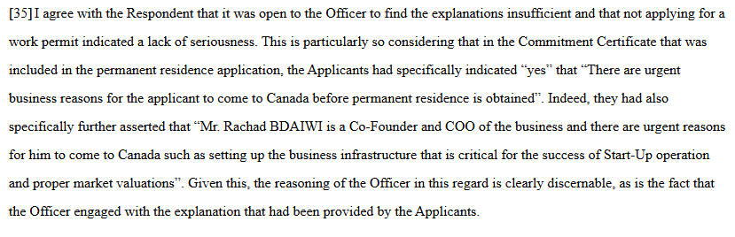 Federal Court rules that it is reasonable for an officer to determine that a Start-Up Visa Program applicant who does not apply for a work permit has demonstrated a "lack of seriousness" in their business. 

Ironically, IRCC now prohibits SUV Program applicants from applying for