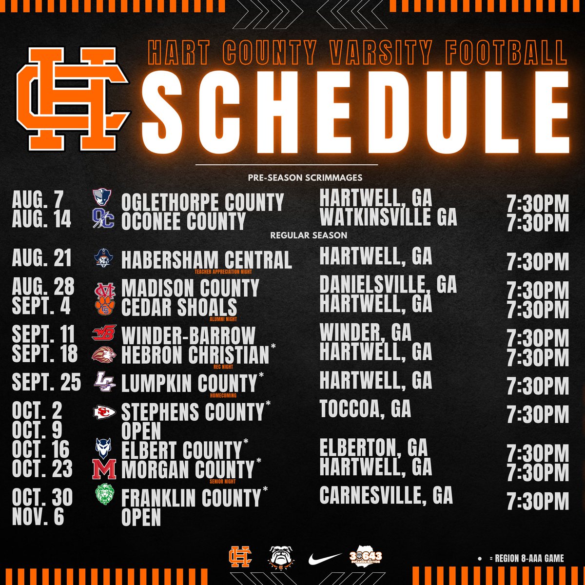 hartcountyfb's tweet photo. A NEW ERA of Hart County Football is HERE!! 🧡🖤
The 2026 season schedule is set, and the Dogs are ready to make a statement! From pre-season scrimmages to Region 8-AAA battles under the Friday night lights — let the countdown begin!
LET'S GO DOGS!!
#BulldogNation #OneHartBeat https://t.co/IJraN90l1f