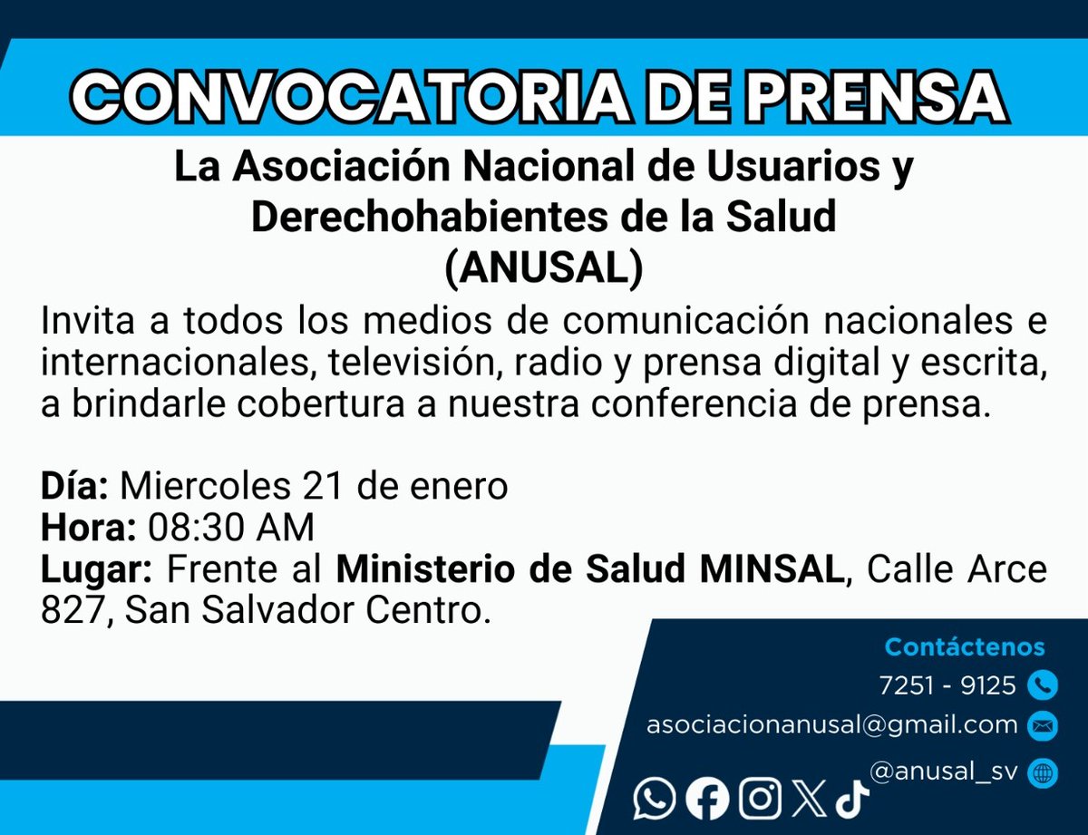 🇸🇻#NotiSv || ANUSAL convoca a conferencia de prensa frente al MINSAL

La Asociación Nacional de Usuarios y Derechohabientes de la Salud (ANUSAL) ha convocado a los medios de comunicación nacionales e internacionales televisión, radio, prensa digital y escrita para dar cobertura a