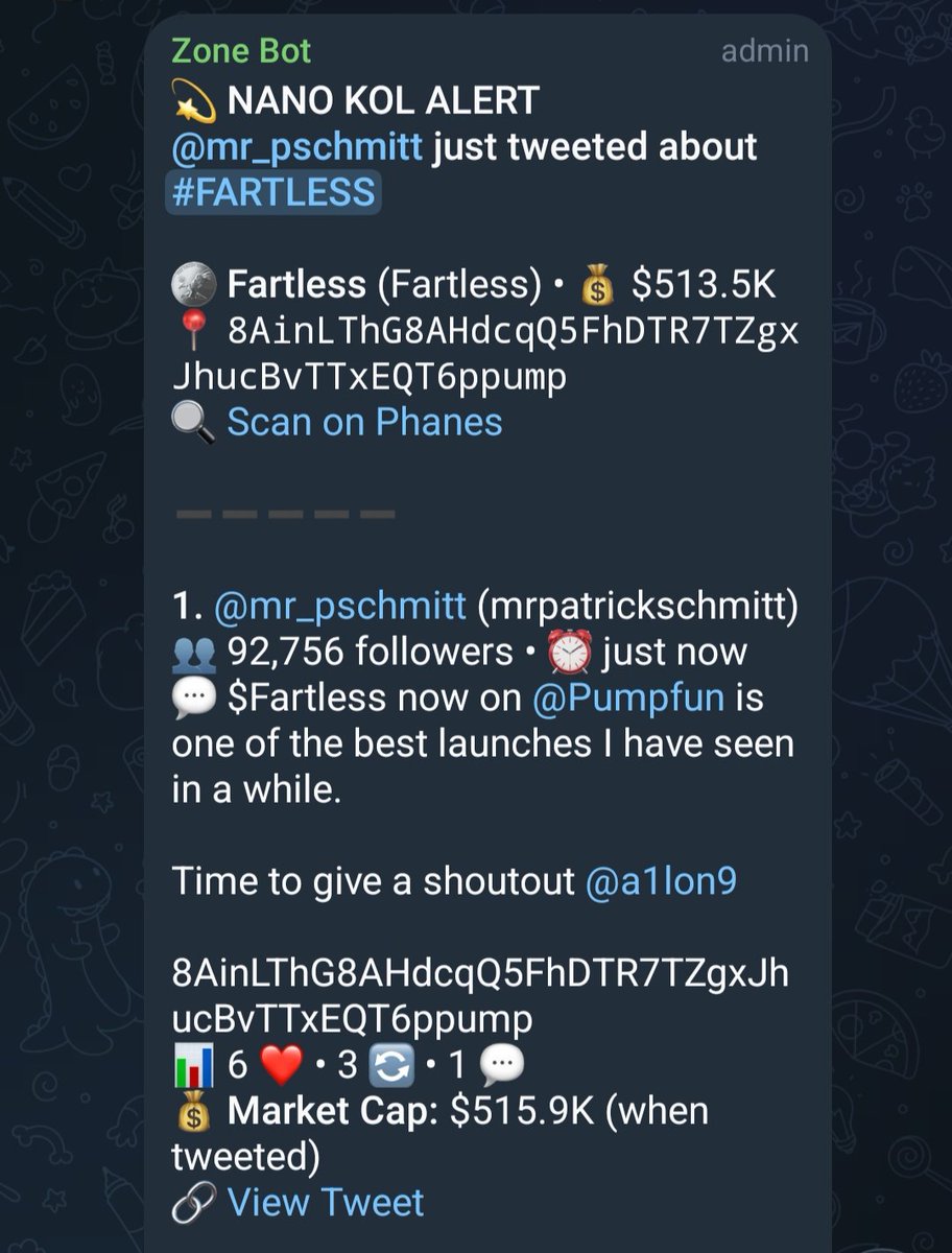 Zonebot is cooking 🔥

Caught $FARTLESS early at $78.9k
Smart wallets surged at $567.3k and $897.3k followed by a KOL mention from <a href="/mr_pschmitt/">mrpatrickschmitt</a> at $513.5k.

8AinLThG8AHdcqQ5FhDTR7TZgxJhucBvTTxEQT6ppump

Zonebot gives you the edge in real time 👉🏾 t.me/zonepaymentbot…