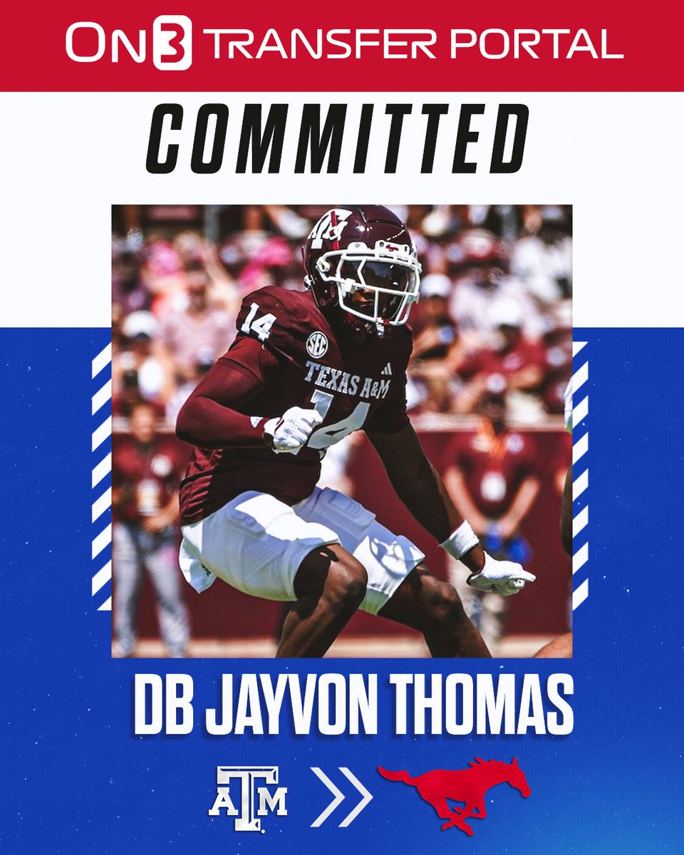 BillyEmbody's tweet image. BREAKING: Texas A&amp;amp;M DB transfer Jayvon Thomas has signed with SMU, @SMUMustangsOn3 has learned. 

Former SOC Golden Bear adds another key piece to the secondary. 

on3.com/teams/smu-must…