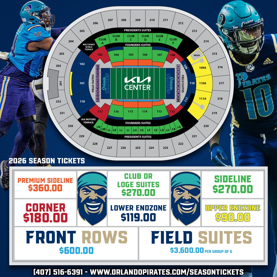 $40.7 deposit locks in your favorite seat at the <a href="/TheKiaCenter/">Kia Center</a> 🏴‍☠️ 

Visit orlandopirates.com, email tickets@orlandopirates.com, or dial (407) 516-6391 and #GetHooked 🏈

#RunTheSouth | <a href="/IndoorFL/">Indoor Football League</a>