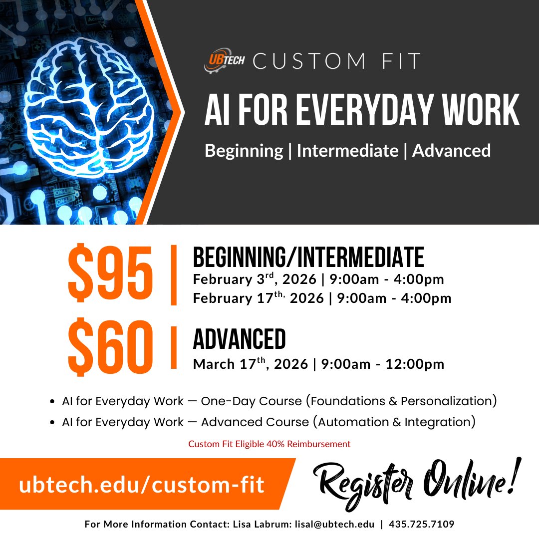 UBTechTitans's tweet image. UBTech Custom Fit's AI for Everyday Work classes are scheduled for February and March. Follow the link below to learn more or register ⚙️⬆️
loom.ly/hd9L15M
#Utah #TheBasin #Trades #Energy #Service #Health #Community