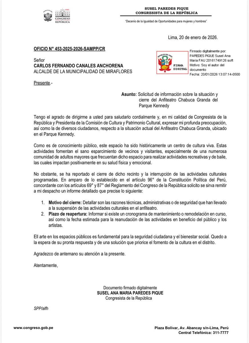 Son preocupantes las reiteradas censuras a expresiones artísticas ejecutadas desde la <a href="/MuniLima/">Municipalidad de Lima</a> y la <a href="/MuniMiraflores/">Muni de Miraflores</a>. Primero en la Alameda Chabuca Granda y ahora en el anfiteatro del Parque Kennedy. La cultura no se censura: se respeta, se garantiza y se defiende.