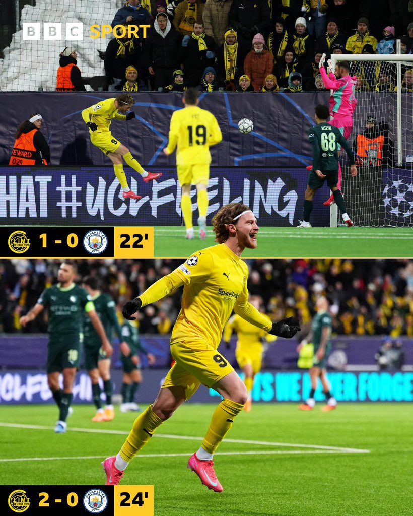Datos_arg's tweet image. 🤯🏴󠁧󠁢󠁥󠁮󠁧󠁿 EL BODO GLIMT DE NORUEGA LE GANA 2-0 AL MANCHESTER CITY EN 23 MINUTOS.

Así ganan PARCIALMENTE su 1er partido en Champions League. 🚬