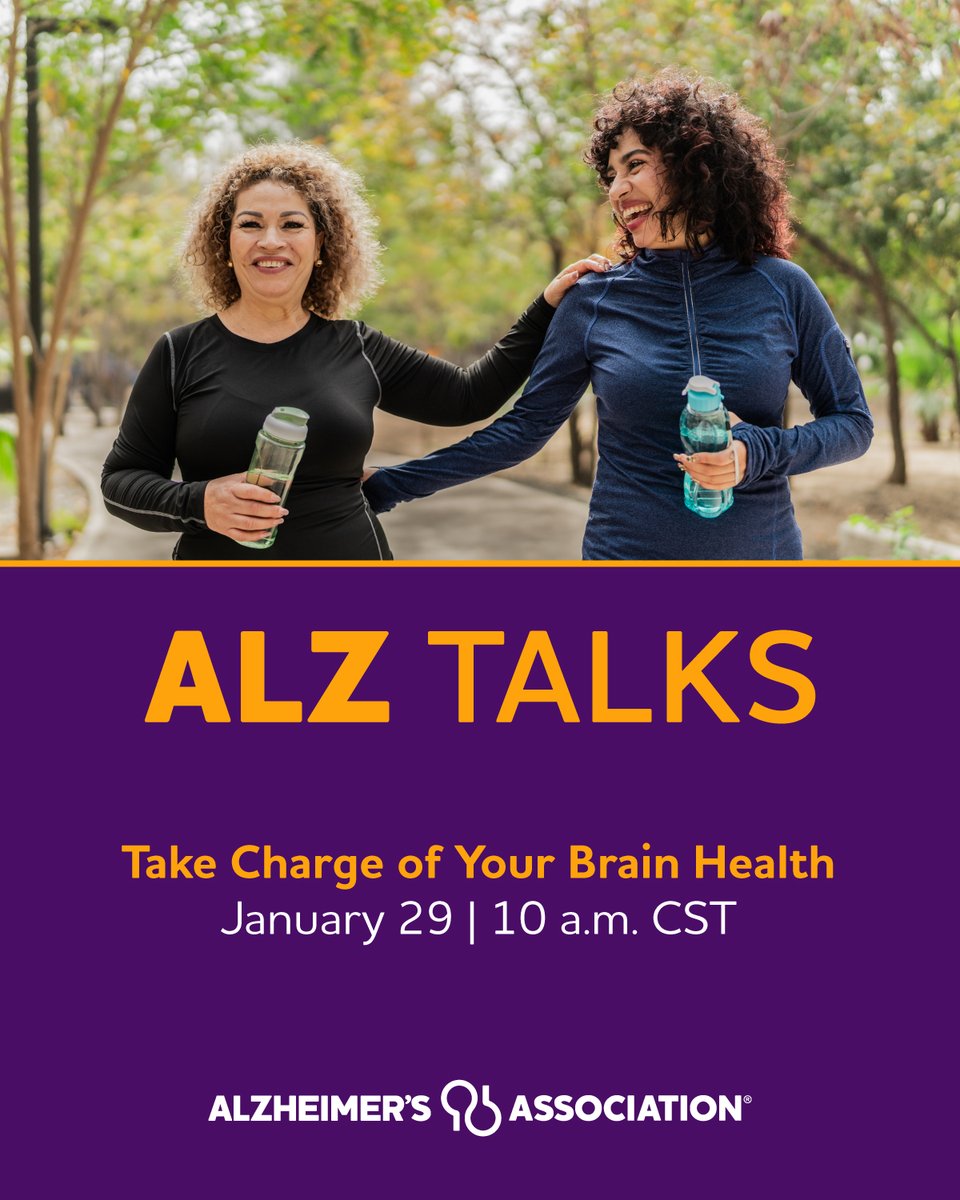 alzassociation's tweet photo. Actions we take every day can impact our brain health. 🧠 Learn simple steps you can take at any age to help protect your brain during our free webinar on Jan. 29 at 10am CT. Register: https://t.co/BdxSJuBoyA. https://t.co/JKv6Mfz495