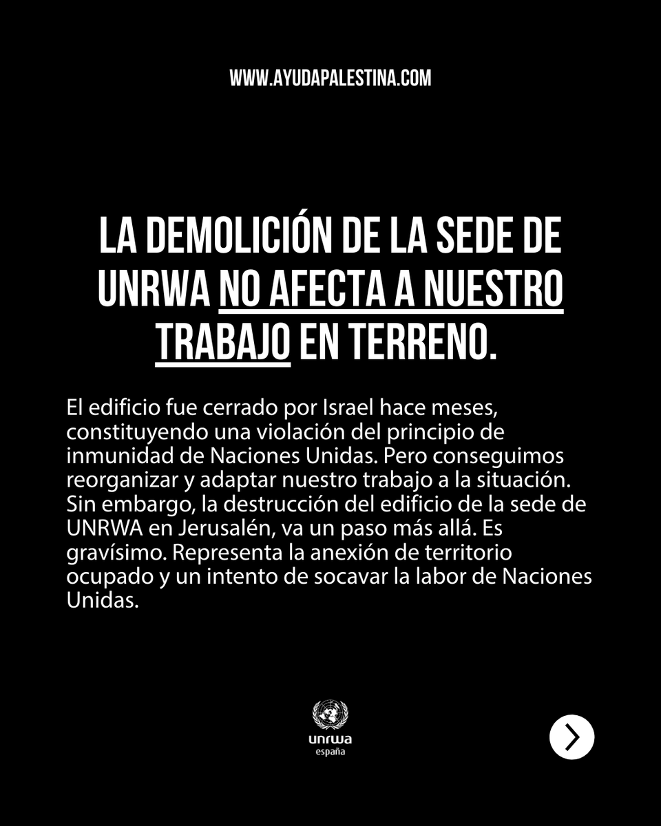 UNRWAes's tweet photo. La demolición de la sede de #UNRWA en Jerusalén Este es gravísima: viola la inmunidad de la ONU y normaliza la anexión de territorio ocupado. Demoler edificios no borra los derechos de la comunidad refugiada de Palestina ni el compromiso de UNRWA con ella. https://t.co/H7L5HxzNQN