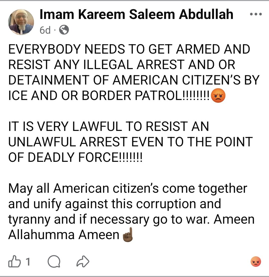 Deja_Vu_4Me's tweet image. A Tulsa Imam is instructing his 6,4k followers to arm themselves and even engage in deadly combat if they perceive law enforcement as acting unlawfully.

This goes beyond faith or free speech; it constitutes reckless incitement that endangers public safety.
@FBIDirectorKash