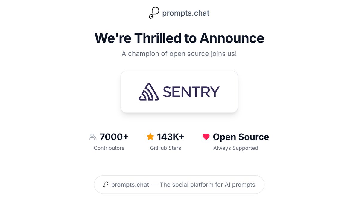 fkadev's tweet photo. 🎉 Excited to announce @sentry is now a sponsor of @promptschat!

Sentry has always been a champion of open source, and we're grateful for their support of the community.

Thank you @zeeg for backing the world's first free &amp; OSS prompts library! 🚀

→ https://t.co/eAyIAkAMDK https://t.co/1eo9HfTvty